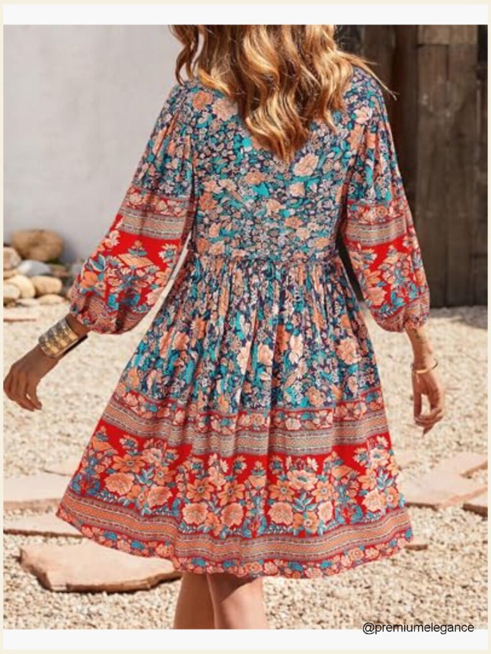 V-Neck 3/4 Sleeve Floral Babydoll Mini Dress Loose Fit Rayon - Picture 4 of 7